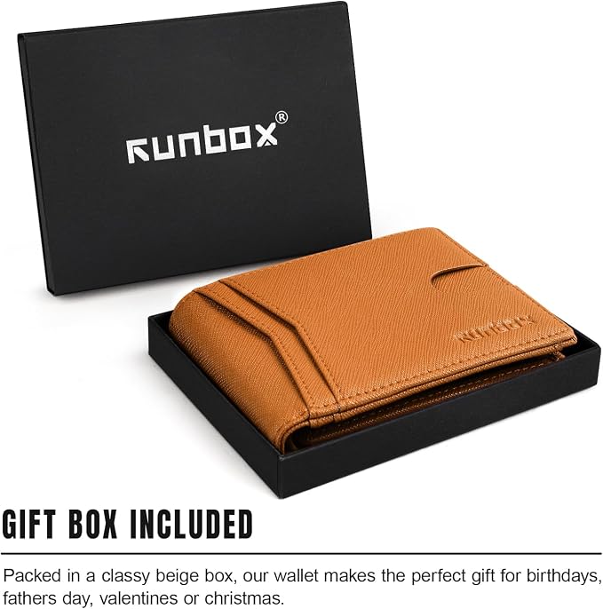 RUNBOX Wallet for Men -Slim Rfid Leather Mens Bifold Novelty Wallets 2 ID Window With Gift Box Men's Accessories | Minimalist Front Pocket Design, Holds 15 Cards, Large Capacity with Cash Pocket,Compact and Thin, Birthday Gifts for Men