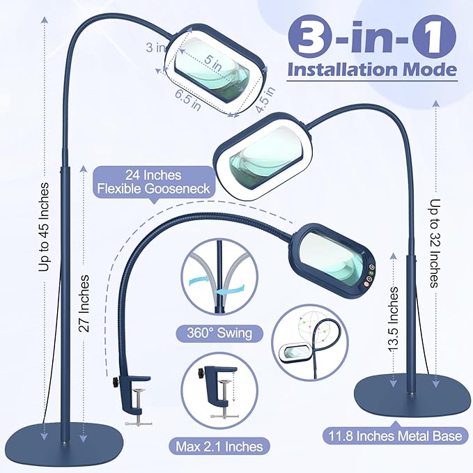 Drdefi 10X Rectangular Real Glass Magnifying Glass with Light and Stand, 24" Flexible Gooseneck Floor Lamp, 5 Color Modes Stepless Dimmable, 3-in-1 Lighted Magnifier Light Hands Free for Reading Blue
