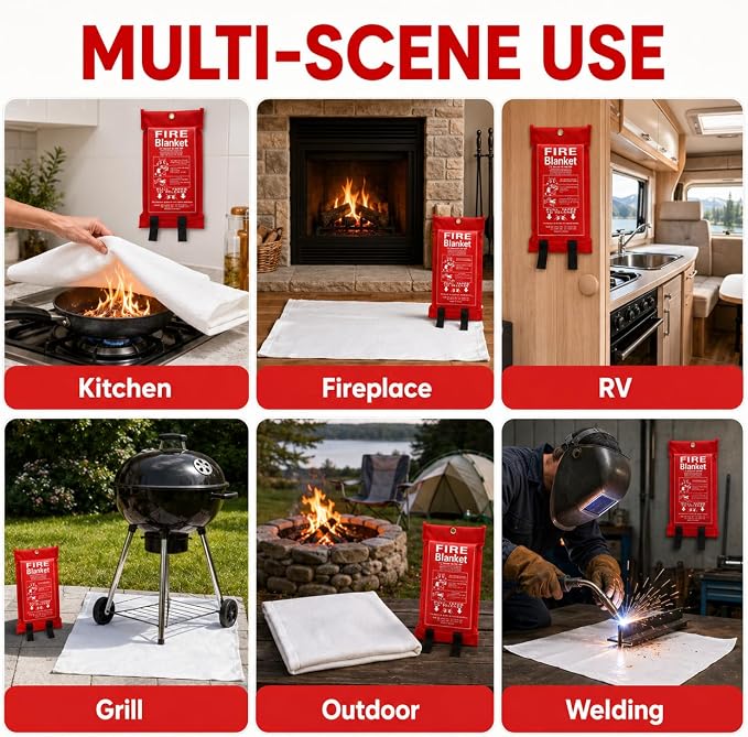4 Pack,40"x40",Emergency Fiberglass Fire Blanket,Fire Suppression,Hooks | Easy Pull Tabs,No Mess After Use,No Expiration,Quick Emergency Response,Compact,Reusable,Kitchen,Grill,Camping,RV,Home,Garage
