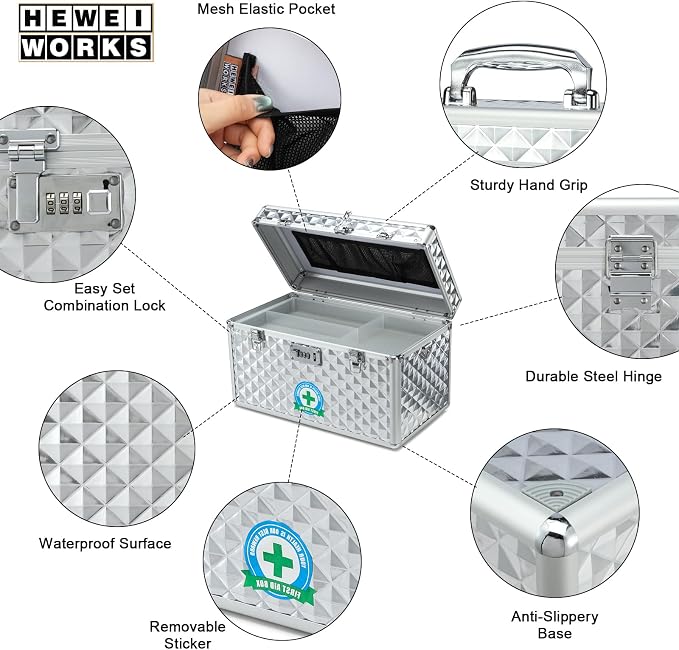 Storage Lock Box with Combination Lock, Lockable Medicine Storage Box, Empty First Aid Box, Security Lock Box, Multipurpose Locking Box for Home and Outdoor Use (Silver, X-Large)