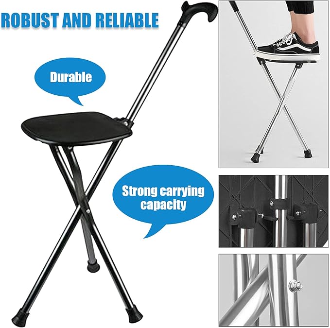 Hold 440 lbs Folding Canes with Seat Walking Stick Height Adjustment Cane Seat Capacity Frosted Handle with Magnetic Therapy Stone Crutches Stool