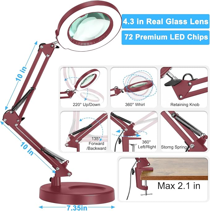 Coyeth 12X Magnifying Glass with Light and Stand, 5 Color Modes Stepless Dimmable 2-in-1 Lighted Magnifier with Clamp, LED Desk Lamp Hands Free for Crafts Hobby Reading Painting Sewing Close Work Red