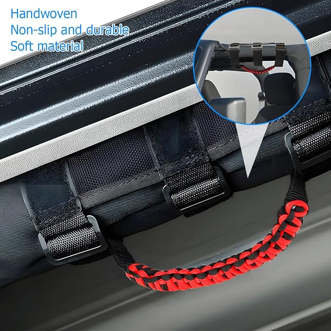 2PCS Car Roll Bar Grab Handles, Oxford Cloth American Flag ATV Paracord Grip Handle with Metal Buckle, Heavy Duty UTV Roll Cage Grab, Compatible with Wrangler JL, JT, JK (Red)