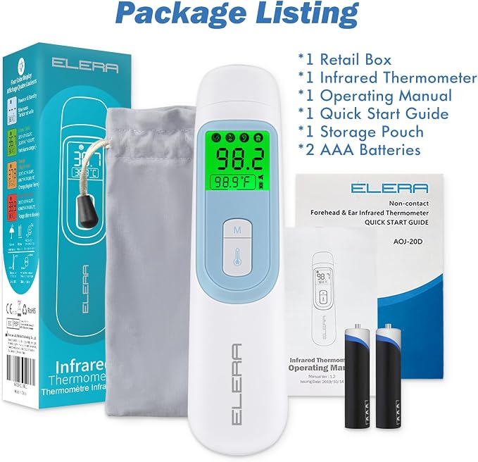 Ear Thermometer for Baby, ELERA Infrared LCD Thermometer with Automatic Switching Mode of Ear & Forehead, 1s Measurement, 4 Color Backlight Display with Fever Indicator