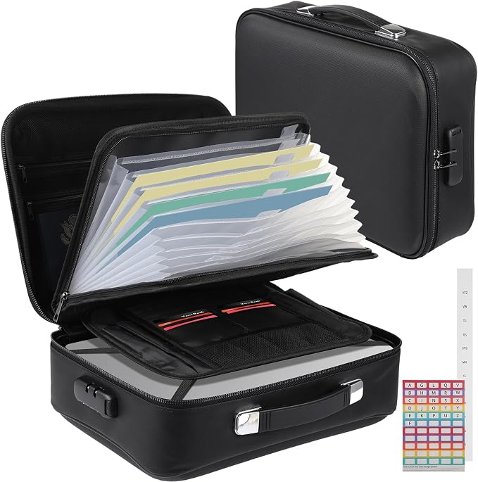 Fireproof Document Box with Lock, Hard Shell Fireproof Safe Case, File Organizer with Expandable Filing Compartments, Portable & Waterproof Storage Box for Home Travel