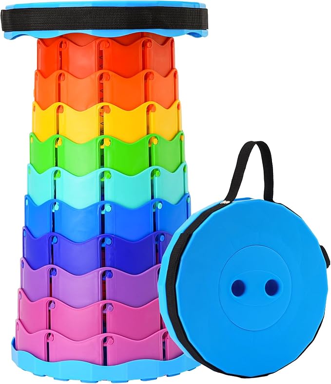 Doseno Collapsible Stool, Portable Stool, Collapsible Seat, Rainbow Color | Portable collapsible stool, 2.4 to 17.5 in retractable height. Foldable stool for fishing, hiking, BBQ and outdoor use.