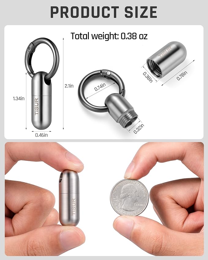 TISUR Small Titanium Keychain Pill Holder, Pocket Pill Case for Travel | Waterproof Pill Fob,Portable Pill Box Container,Purse Pill Organizer Tube