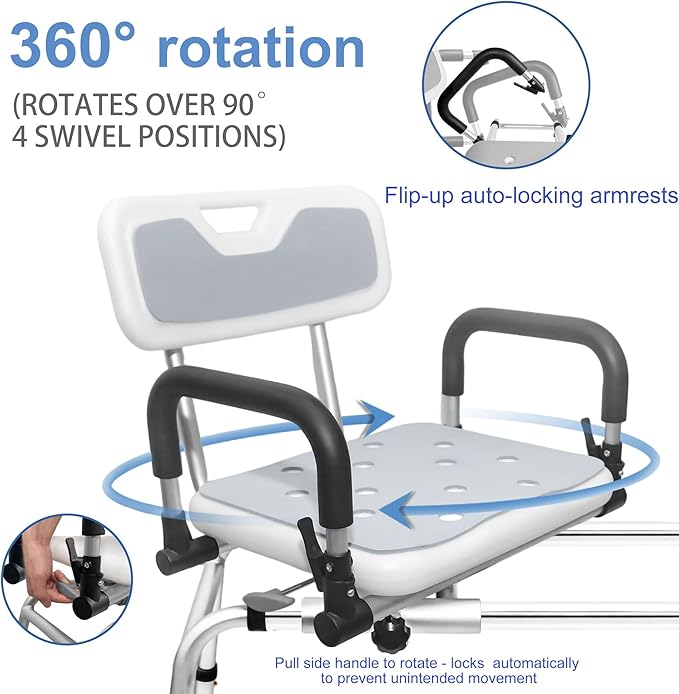 360° Sliding Shower Chair Tub Transfer with Swivel Seat, Height Adjustable, Pivoting Arms, 500 Lbs Capacity, for Elderly Disabled and Handicap for Bathtubs and Showers