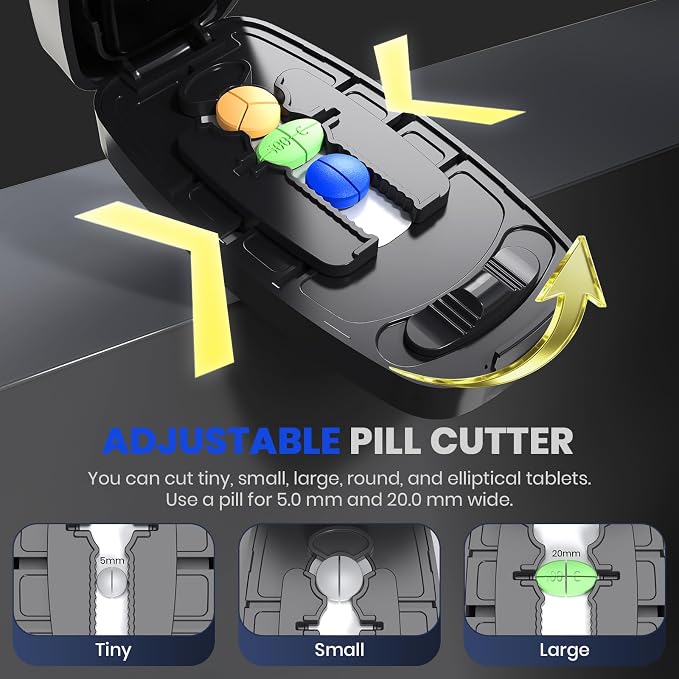 Pill Cutter Splitter for Small and Tiny Pills, Anti-Slip Silicone Pad Holds Pills Steady, Adjustable Pill Cutter for Accurate 1/2 1/3 1/4 Cutting, Sharp Stainless Steel Blade with Safety Guard