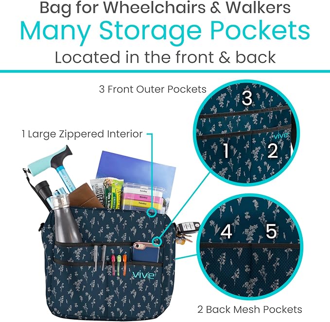 Vive Wheelchair Bag - Machine Washable, Double-Stitched, Water-Resistant Accessory Backpack for Rollators, Wheel Chairs, Walkers - Pouch with XL Pockets & Straps for Quick Installation