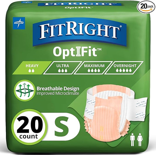 FitRight OptiFit Extra Adult Briefs, Incontinence Diapers with Tabs, Moderate Absorbency, Small, 20 to 32", 20 Count