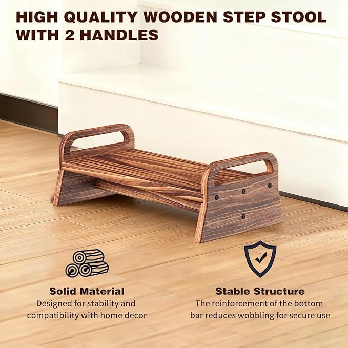 5.0in Height Wooden One Step Stool with Two Handles, Solid Pine Wood Step Stool for Kids Seniors Adults, Portable Use for High Bed, Kitchen & Bathroom.