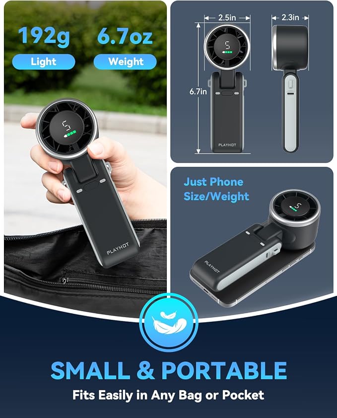 PlayHot Portable Handheld Turbo Fan, Travel Essentials, Gifts for Women/Men | 5-Speed, Up to 12H, 10m/s Airflow, USB-C Rechargeable, LED Display, 3-in-1 Foldable Personal Fan for Cruise, Beach, Vacation