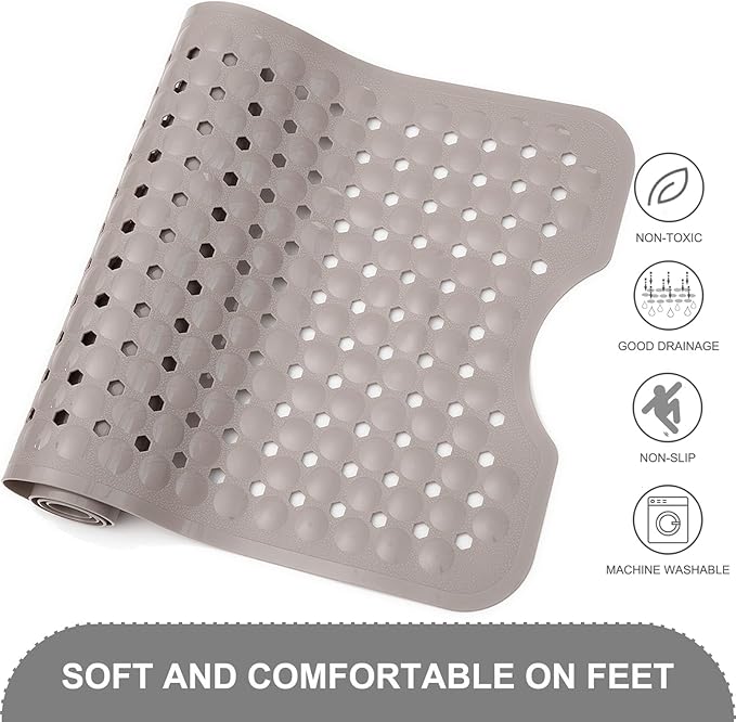 Bath Tub and Shower Mats, Non Slip 40 x 16 Inch Extra Long Bathtub Mat, Machine Washable Bathmat with Drain Holes, Suction Cups for Bathroom Floor, Tan