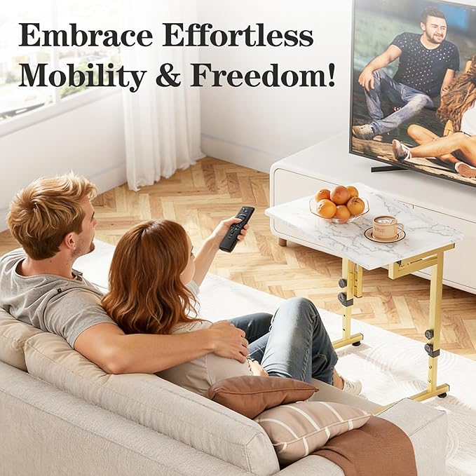 Folding tv Tray Dinner Snack Table,6 Height Adjustable Slide Under Couch Side Table, Portable Small Foldable C-Shaped End Table for Eating with Sturdy MDF Top,No Assembly(White Marble+Gold)