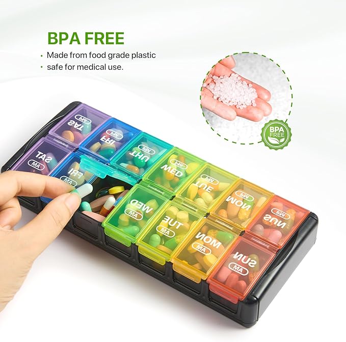 Sukuos Weekly Pill Organizer 7 Day 2 Times a Day, Quick Fill Daily Pill Box (AM PM), Arthritis Friendly Extra Large Pill Cases for Vitamin/Fish Oil/Supplements