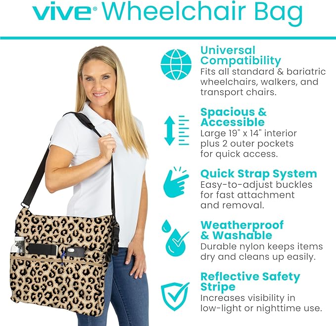 Vive XL Wheelchair Accessories Bag - Waterproof, Scratch-Resistant, Double-Stitched, Machine Washable for Adults, Seniors, 15 Colors - Storage Walker Backpack to Hang on Back