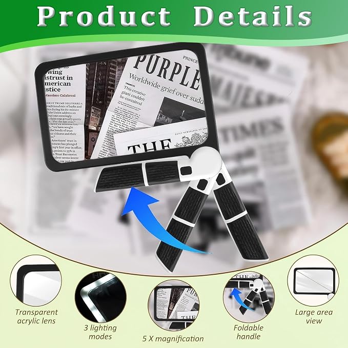 5X Large Full Page Magnifying Glass, 48 LED Handheld Full Page Magnifying Glass,Lightweight Shatterproof Magnifier for Seniors, Low Vision, Reading Books/Medication Labels (Battery Not Included)