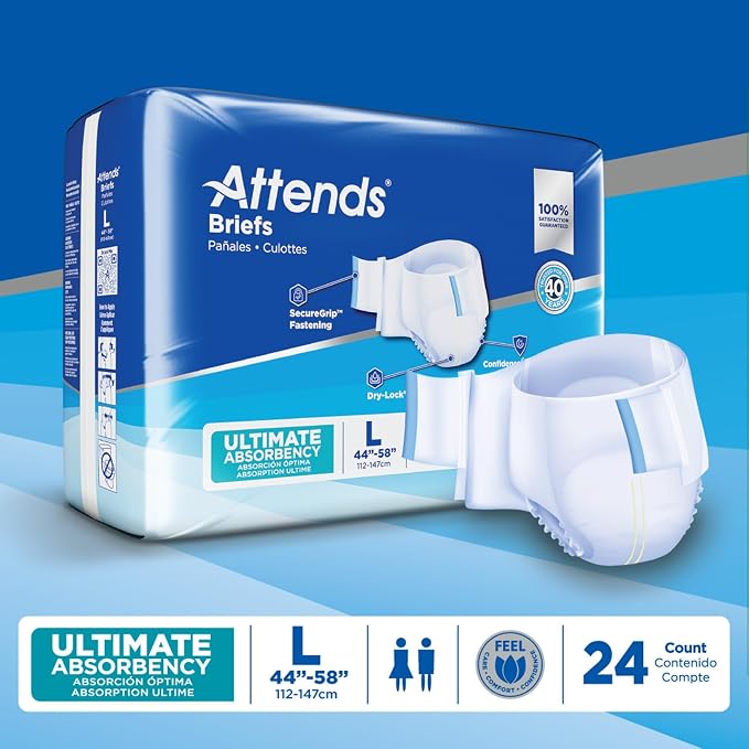 Attends Confidence® Adult Unisex Disposable SmartCool® Briefs, Large, 44"-58" Waist, SecureGrip Tab Closure, Ultimate Absorbency, Breathable Materials, 72ct Bag