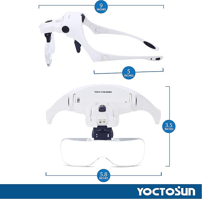 YOCTOSUN Magnifying Glasses with Light, LED Head Magnifier with 5 Lenses, Headband, Storage Case, Hands Free Lighted Head Magnifying Visor for Close Work Hobby Crafts