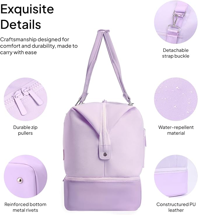 Travel Duffle Bag for Women, 40L Weekender Bags Airline Approved Carry On with Shoe Compartment & Waterproof Wet Pocket, Durable Nylon Weekender Overnight Bag for Travel, Gym, Business Trip, Purple