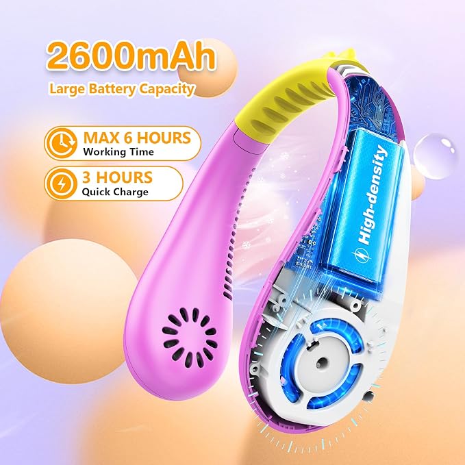 Kids Neck Fan, Portable Bladeless Fans for Kid 4-14Y Girls & Boys, 2600mAh USB Personal Mini Cooling Fan for Travel/Camping/Study, 4 Speeds, Lightweight, Compact, Perfect Summer Gifts for Kids