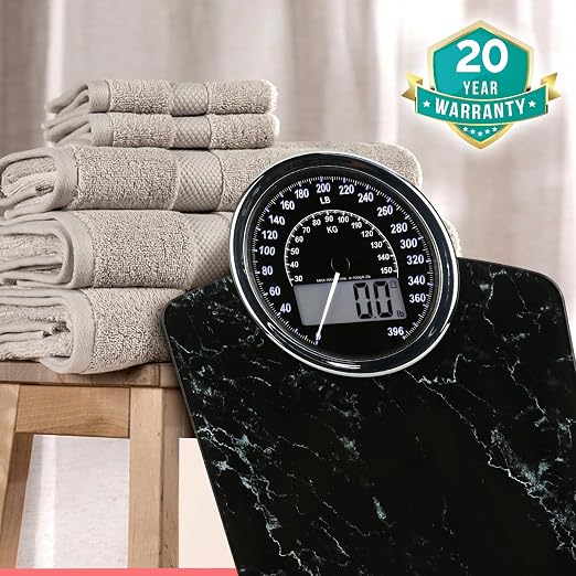 Hybrid Bathroom Scale - Analog & Digital Display, Accurate to 400 lbs | See weight on both an analog dial and digital LCD at once. Wide glass platform, accurate to 0.2 lbs, batteries included.