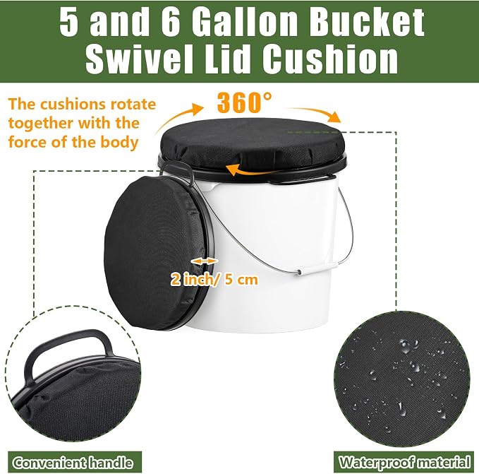 Lewtemi 2 Pack 5 Gallon Bucket Seat Lid with 360° Swivel, 2" Thick Waterproof Padded Cushion Cover with Handle for Fishing Camping Baseball Duck Hunting Gardening Outdoor Sports(2 Inch Thick,Black)