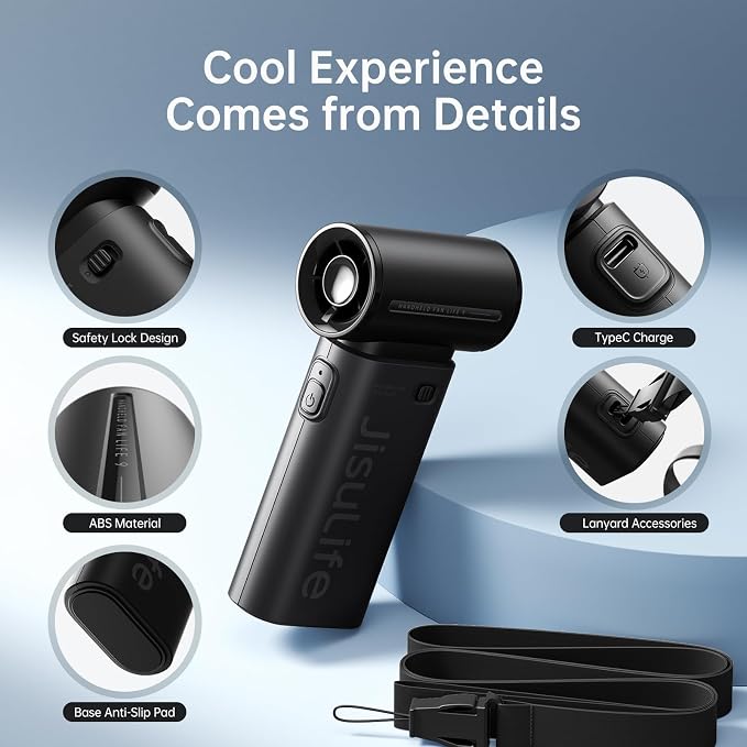 JISULIFE Portable Handheld Fan Life9, Turbo Airflow, Up to 18H Runtime | 5 Speeds, 5000mAh, Mini Pocket Design, Personal Fan for Travel, Concerts, Makeup, Trendy Gifts for Women Men -Black