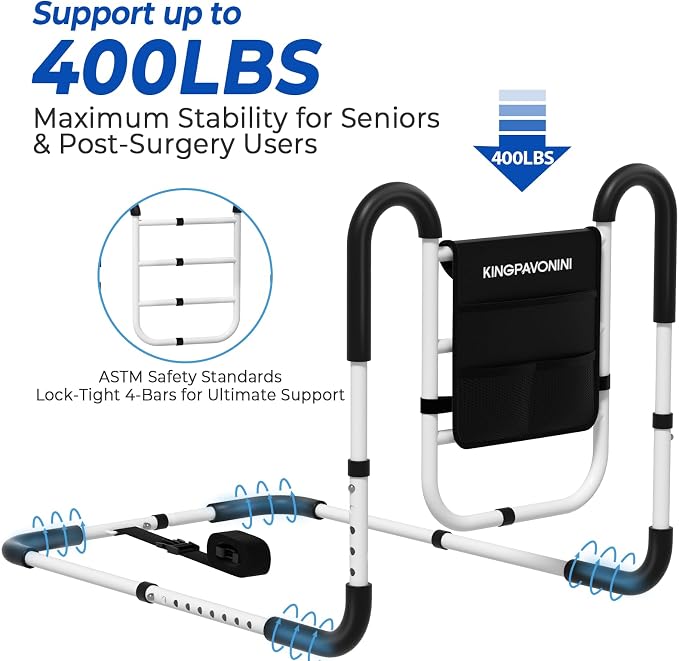 KingPavonini Bed Rails for Elderly Adults Safety ASTM-Approved, 2026 Upgrade Ergonomic Dual U-Handles & 4-Bar Reinforced Anti-Tip, 400lb Bed Rails for Seniors with Storage Bag, Tool-Free, Model BM07