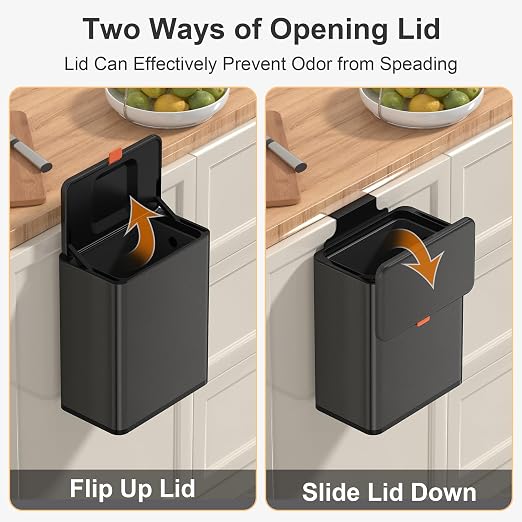 Mbillion 2.1 Gal Brushed Black Hanging Stainless Steel Compost Bin | 8L trash can with lid, cabinet & under sink door mount design, for kitchen, RV and bathroom food waste storage
