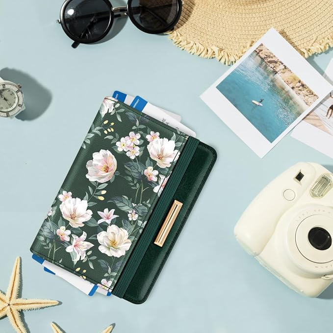 Coco Rossi Passport Holder Cover, RFID Travel Wallet Women Card Holder | Travel Essentials, Passport Book Holders, Passport Cover Case, PU Leather, Cute, Thin, Spliced Design, Green Flower