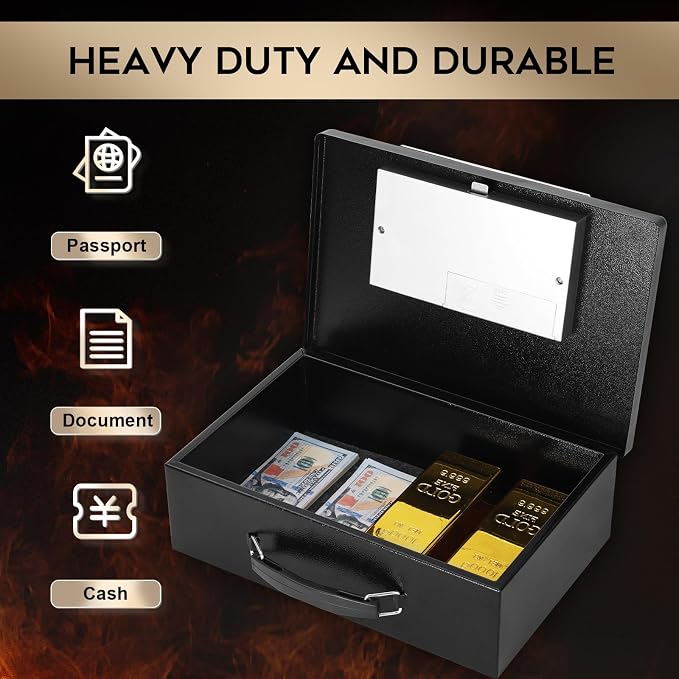 Dalmbox Portable Metal Safe Box with Digital Code Lock,Fire Resistant Storage for Documents, Fireproof Safe Box, Car, Home, Office and Outside, Black Box， Medium