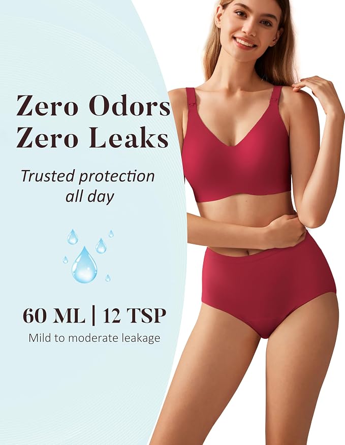 AIRCUTE Washable Urinary Incontinence Protective Underwear for Women Leak Proof Absorbent Reusable Panties 60ML 1 Pack (Rose Red, X-Large)