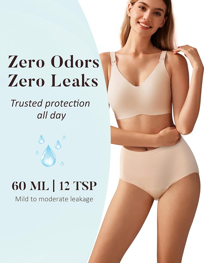 AIRCUTE Washable Urinary Incontinence Protective Underwear for Women Leak Proof Absorbent Reusable Panties 60ML 1 Pack (Beige, 5X-Large)