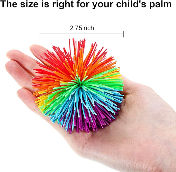 Leinuosen 12 Pieces Stringy Balls Sensory Stringy Ball Soft Rainbow Pom Bouncy Stress Bags Stocking Stuffers Party Favors Birthday Gifts, Multicolor (2.75 Inch)