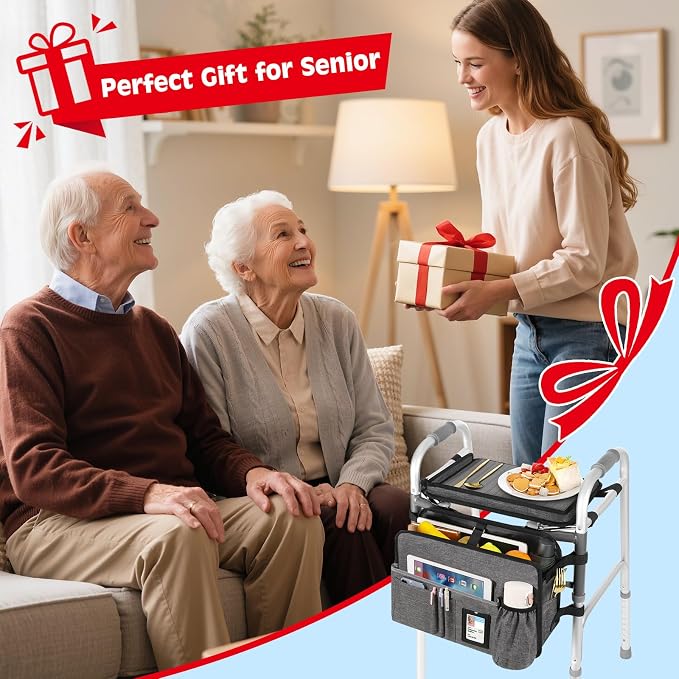 MoKo Walker Basket Bag with Tray, Upgraded Detachable Walker Tray for Folding Walkers with Non-Slip Mat, Large Storage Bag with Multi-Pockets and Cup Holder, Walkers Accessories for Senior, Gray