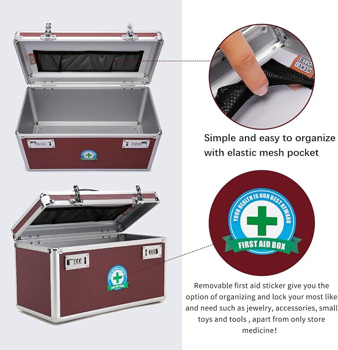 Locking Box with Portable Storage Case, 14.2''x 7.2''x 8.2''，Childproof Medication Lock Organizer, Lockbox for Documents, Medicine & Valuables (Brown/Large