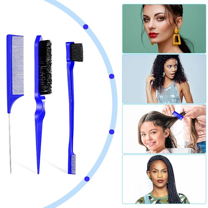 Geiserailie 3 Pcs Slick Back Hair Brush Set Bristle Brush Edge Control Teasing Comb for Women Black Hair(Dark Blue)