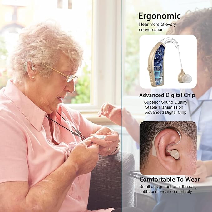 Hearing Aids for Seniors with Hearing Loss, Rechargeable Hearing Amplifiers with Noise Cancelling and Volume Control for Adults Women Men, Behind-The-Ear Hearing Aid