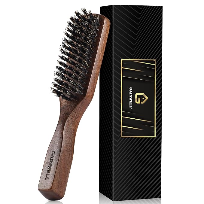 GAINWELL Mens Wild Boar Bristle Hair Brush for Men, Slick Back Hair Brush with Stiff Bristles for Thick & Thin Hair, Beard Brush Natural Black Walnut Wooden Handle Hairbrush