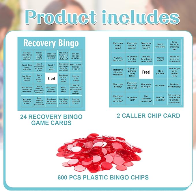 Recovery Bingo Game with 24 Cards and 600 Cross Chips Questions Recovery Bingo for Adults Addiction Group Family Vacation Holiday Party Favors