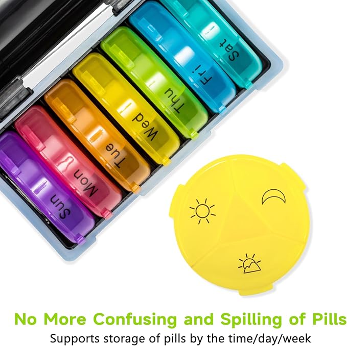 Weekly Pill Organizer Medicine Container, Round Pills Cases Organizers 7 Day 3 Times A Day with Large Compartments, BPA Free Medication Separator Storage to Hold Vitamin, Fish Oils, Supplement