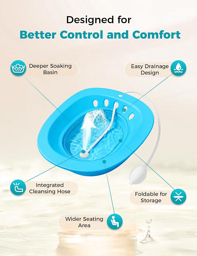 Pochik Sitz Bath for Toilet Seat Hemorrhoids and Postpartum Care, Yoni Steam Seat, Perineal Soaking, Collapsible, Flusher Hose, Drain Holes, Wider Seating Area - Navy