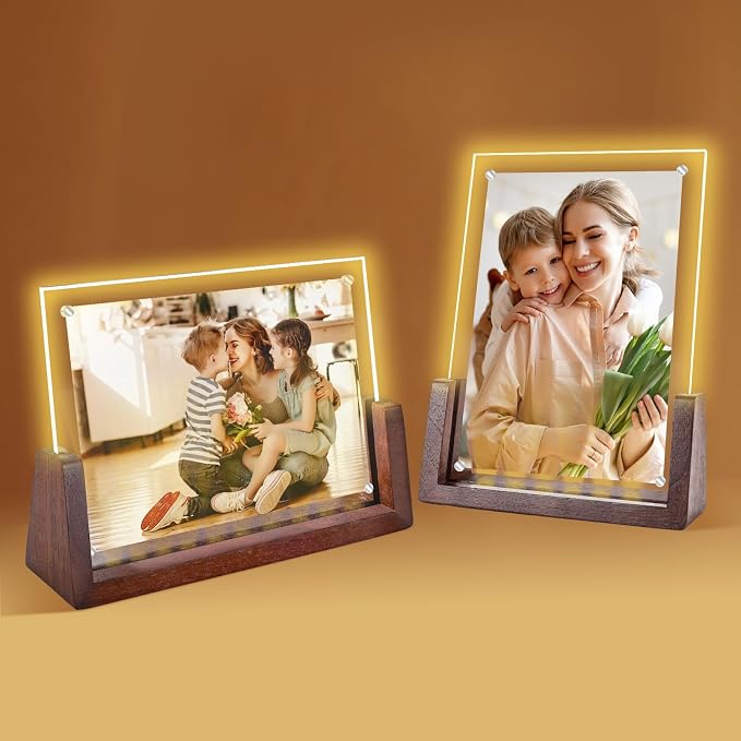 2 Pack 5x7 Picture Frame with Light, Gift Packaging, Gifts for Mom Wife or Female Friends, Clear Acrylic Frames Fits Photos of 4 x 6 or 5 x 7 In (Horizontal & Vertical)