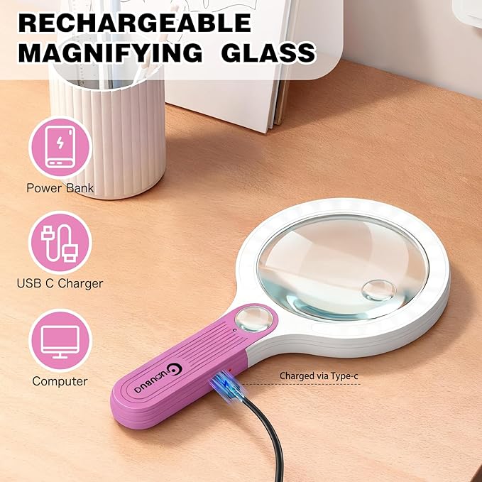 Rechargeable Large 5.2'' Magnifying Glass with Light, 10X 20X 45X Handheld Magnifying Glasses for Reading, 3 Lighted Modes Non-Slip Handle Magnifier for Seniors Close Work Coins Jewelry Hobby