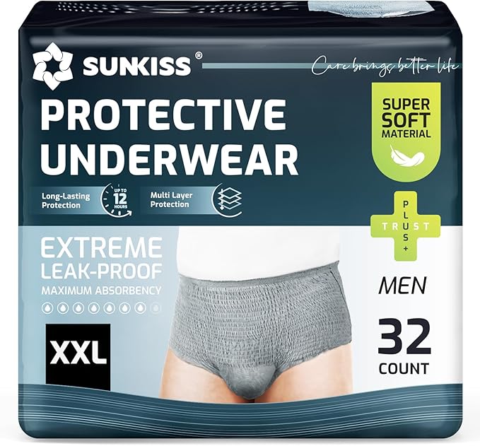 SUNKISS Incontinence Underwear for Men,Daytime Disposable Adult Pull Ups,Mens Protective Briefs with Maximum Absorbency,XXLarge, Grey, 32 Count