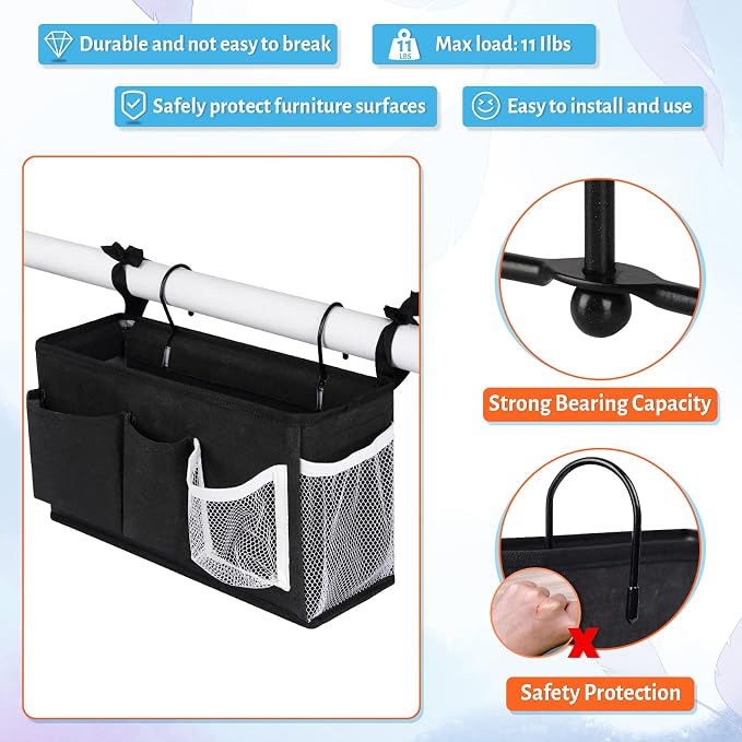 Bedside Caddy, Bedside Storage Bag Hanging Organizer for Bunk Dorm Bed Rail | Bed Caddy with Hooks, Top Bunks and Dorm Essentials for Water, Tissues, Tablets, Books, Phones, Remotes and Other Necessories