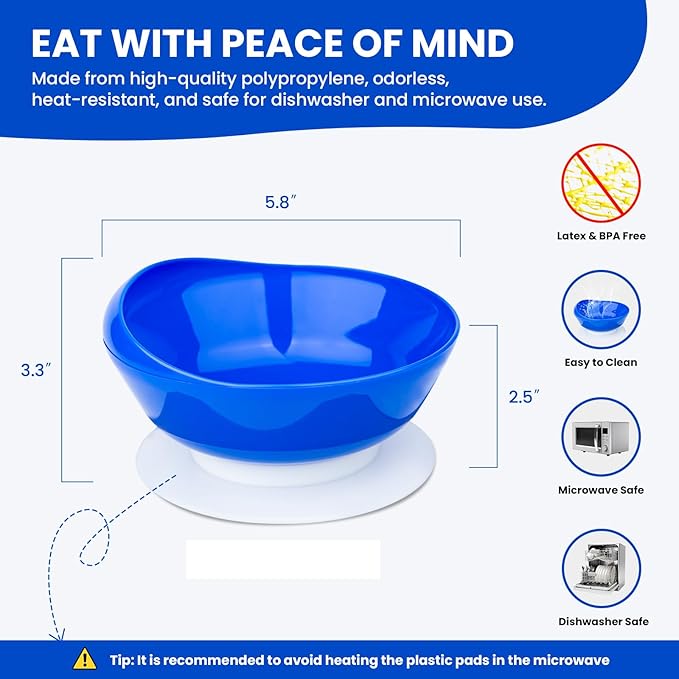 2Pack Spill Proof Scoop Bowl with Non-Skid Suction Base, Adaptive Self-Feeding Dinnerware for Elderly and Disabled
