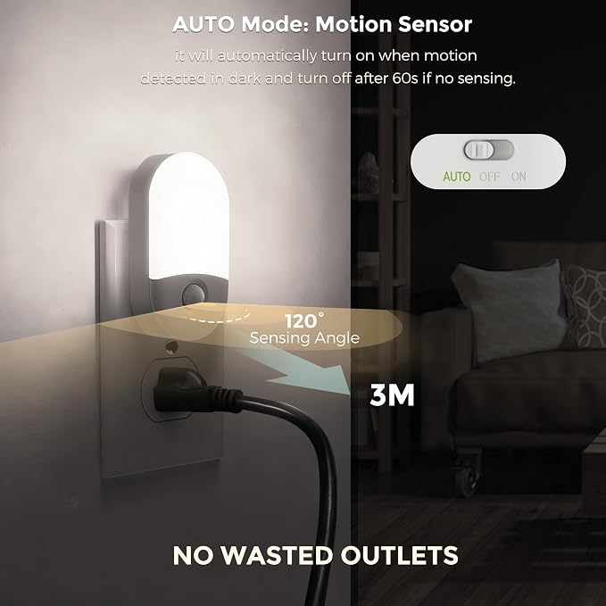L LOHAS LED Motion Sensor Night Light, Motion Sensor Light Indoor, 3CCT | Yellow Light,Bright Night Lights Plug into Wall Motion Sensor, Amber/3000K/5000K, 30/60LM, Kids Adults Bathroom Bedroom,2Pack
